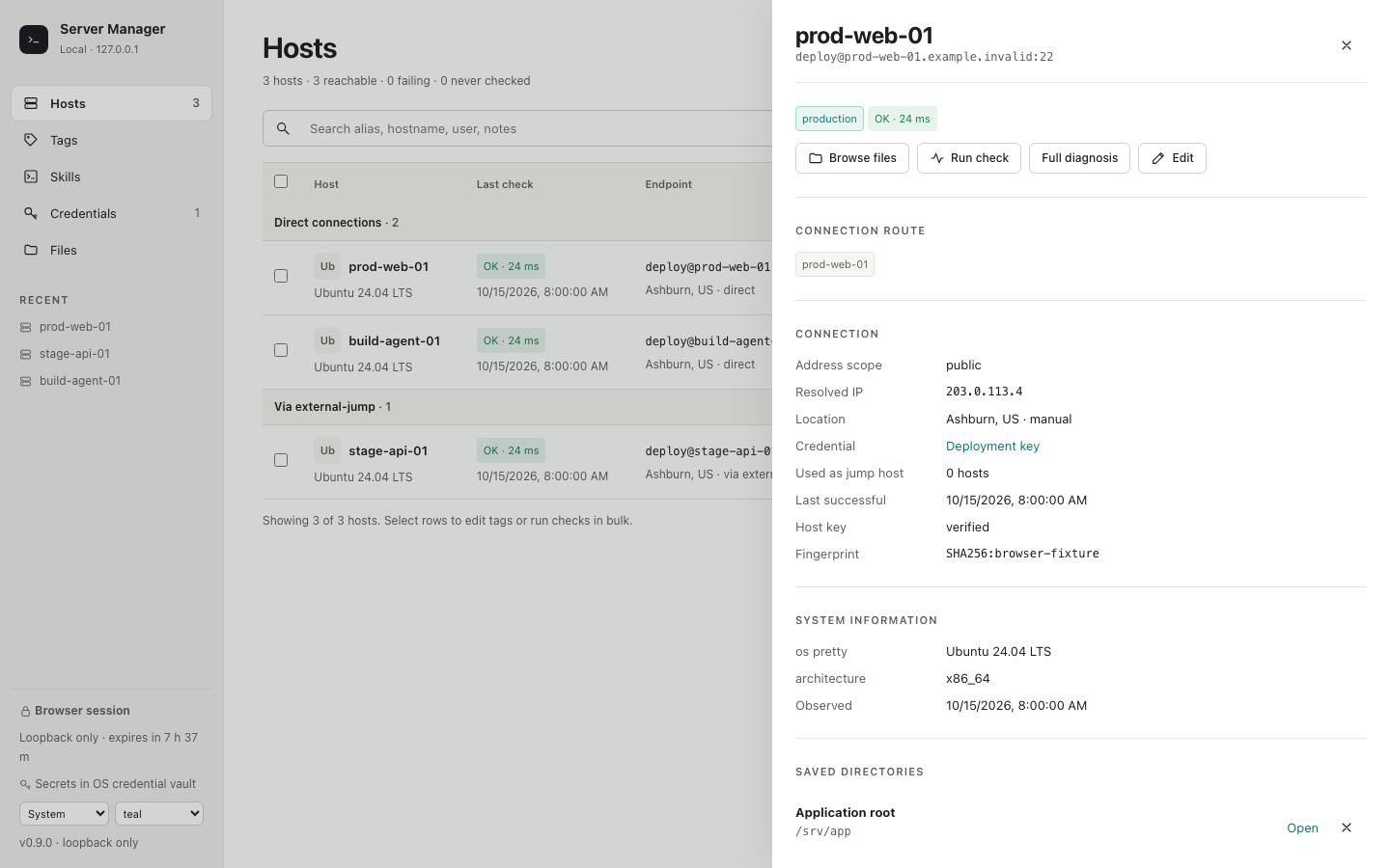 Host details with cached connection and system metadata