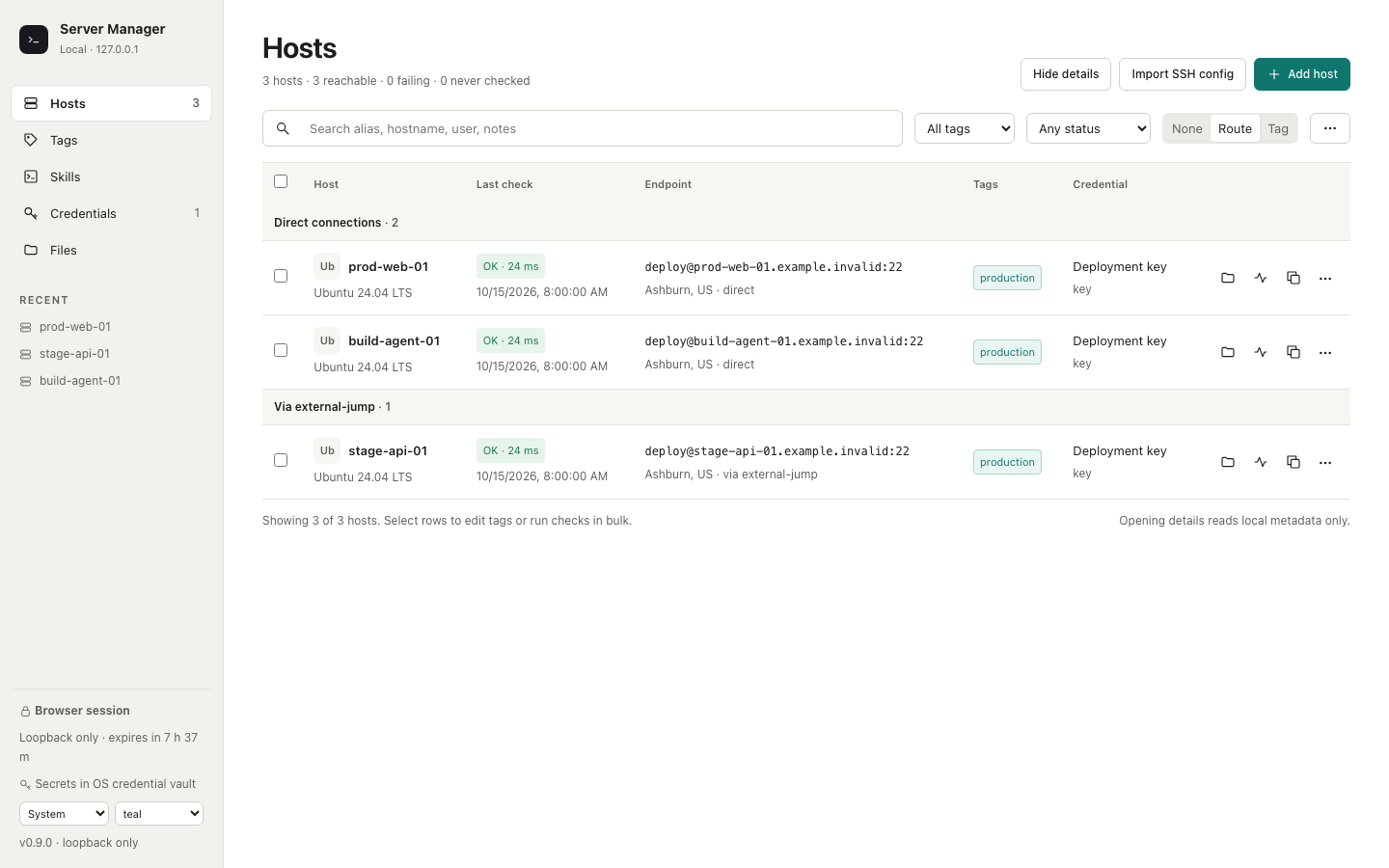Hosts page of the local SSH Server Manager Web UI with fictional acceptance data