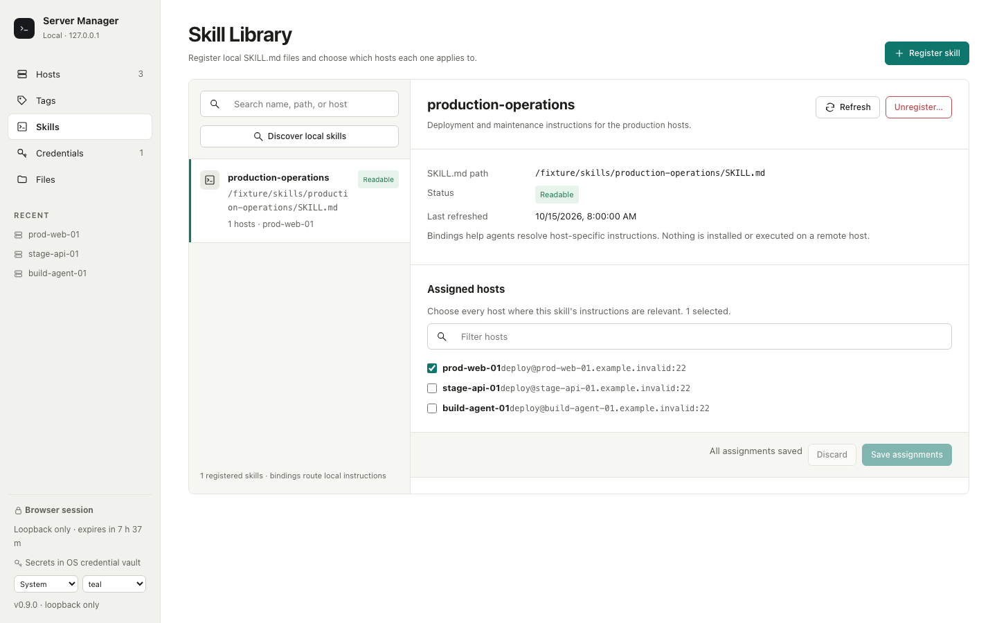 Skill Library metadata and host assignments